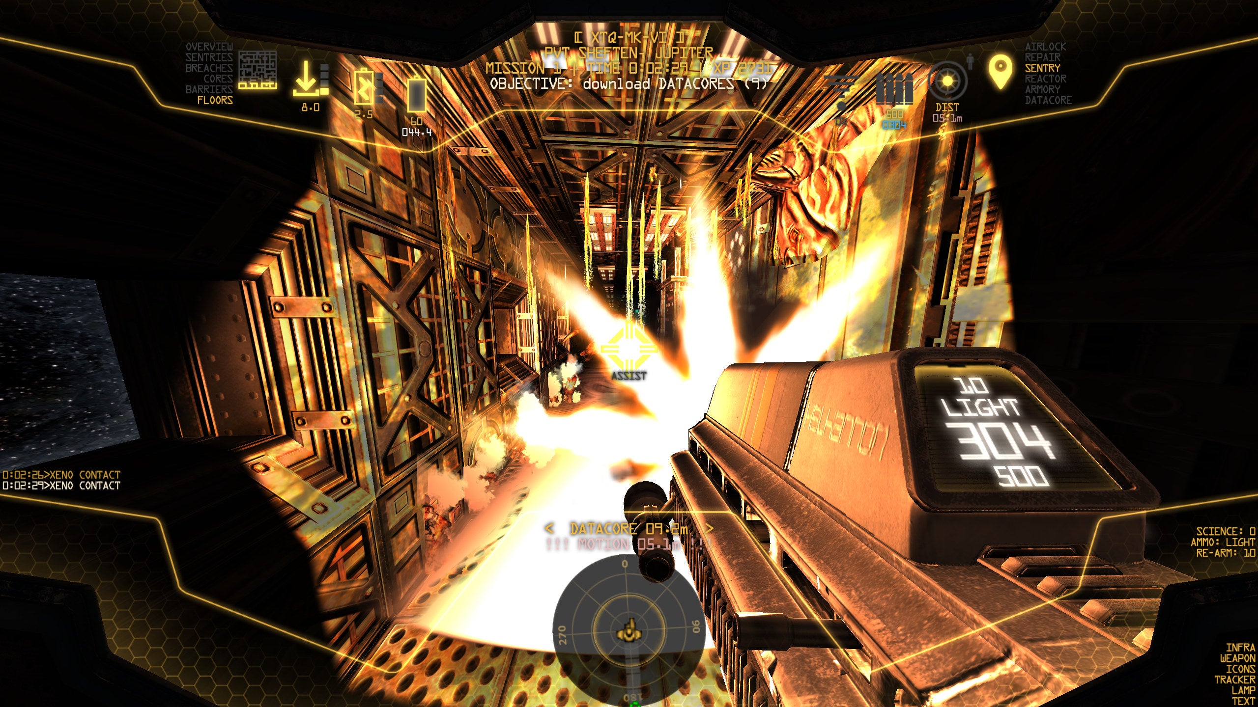 Lighting up a dark spaceship corridor with gunfire in a Space Beast Terror Fright screenshot.