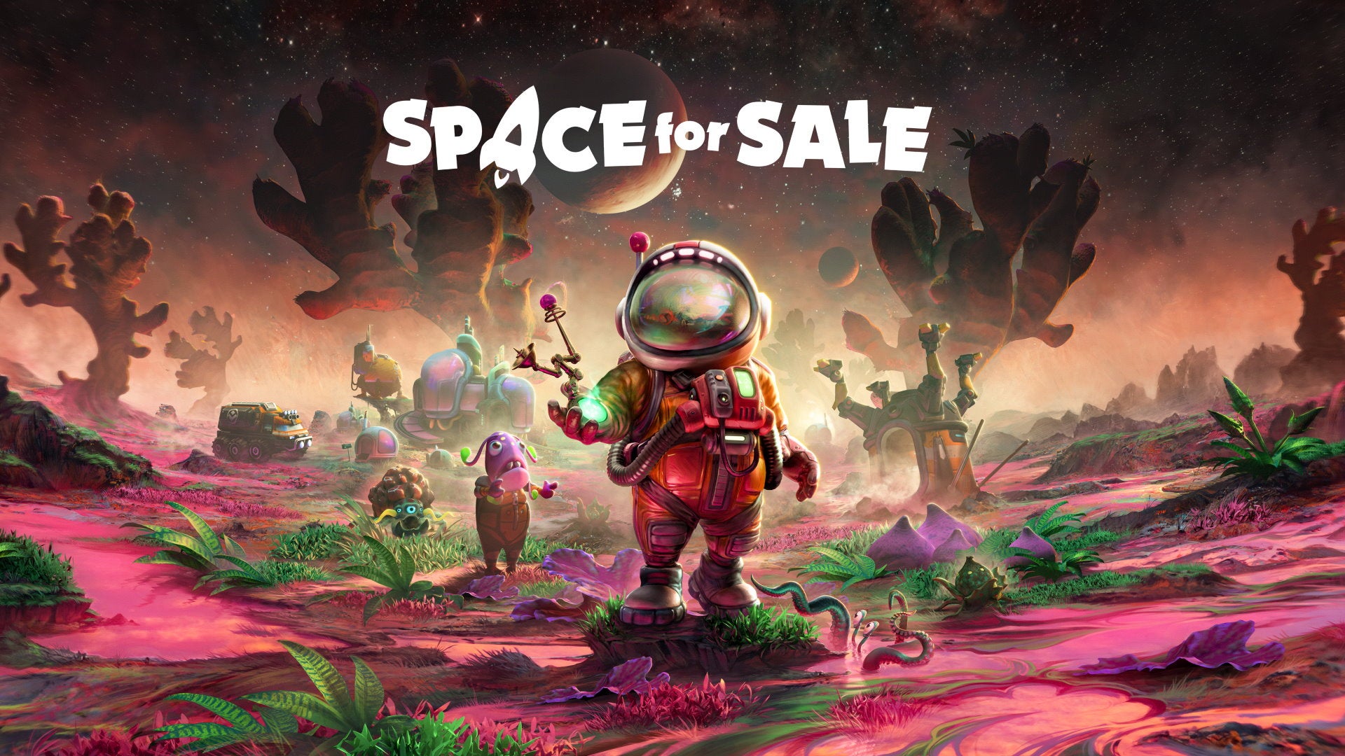 A small astronaut holds a glowing green gizmo on an alien planet in Space For Sale