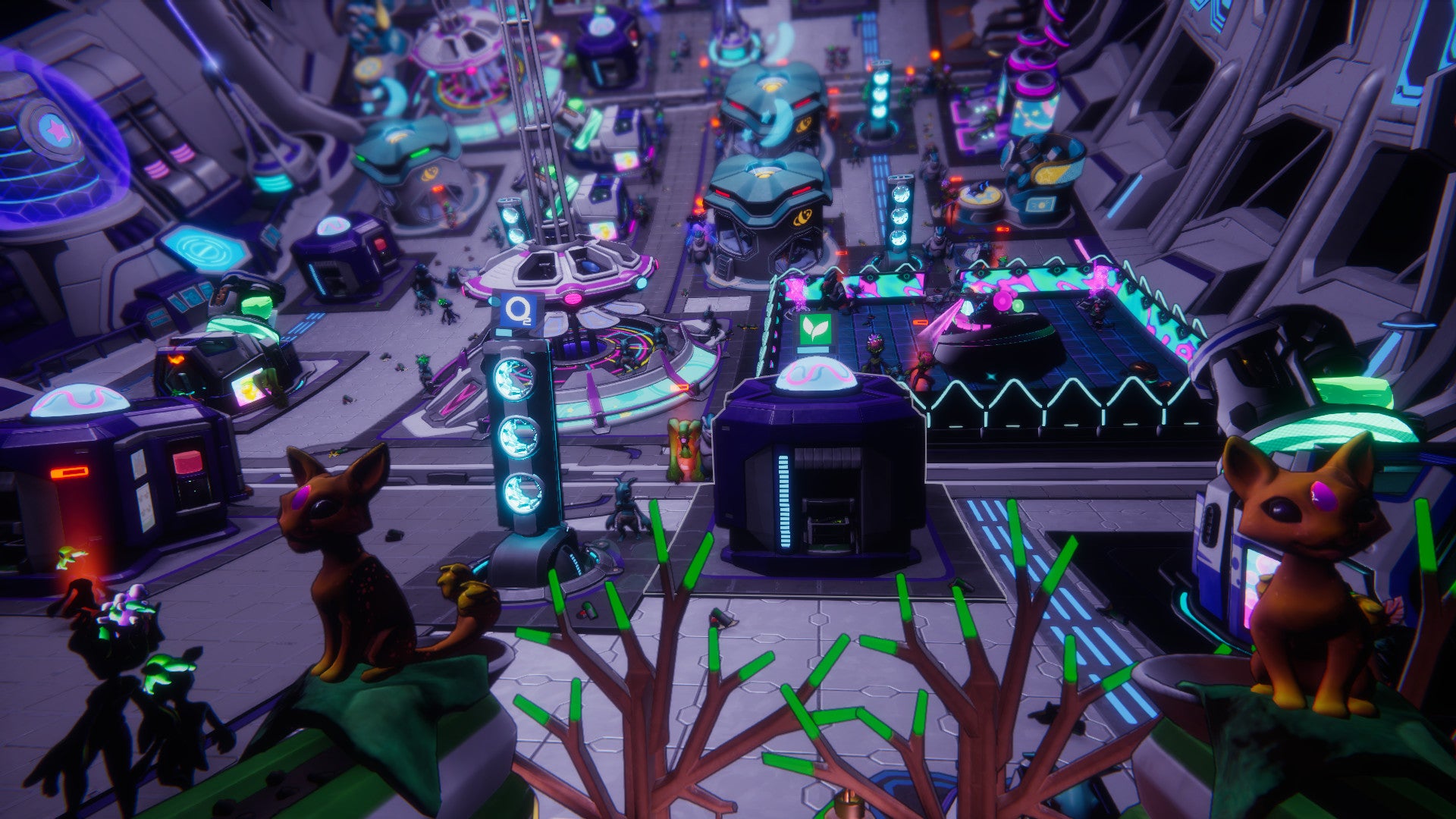 The inside of a very purple space station in Spacebase Startopia.