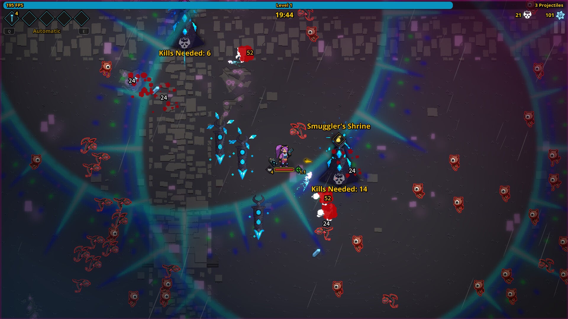 The player, a pink-haired spellcaster stands amongst loads of flying, red cyclops enemies in Spellbook Demonslayers.