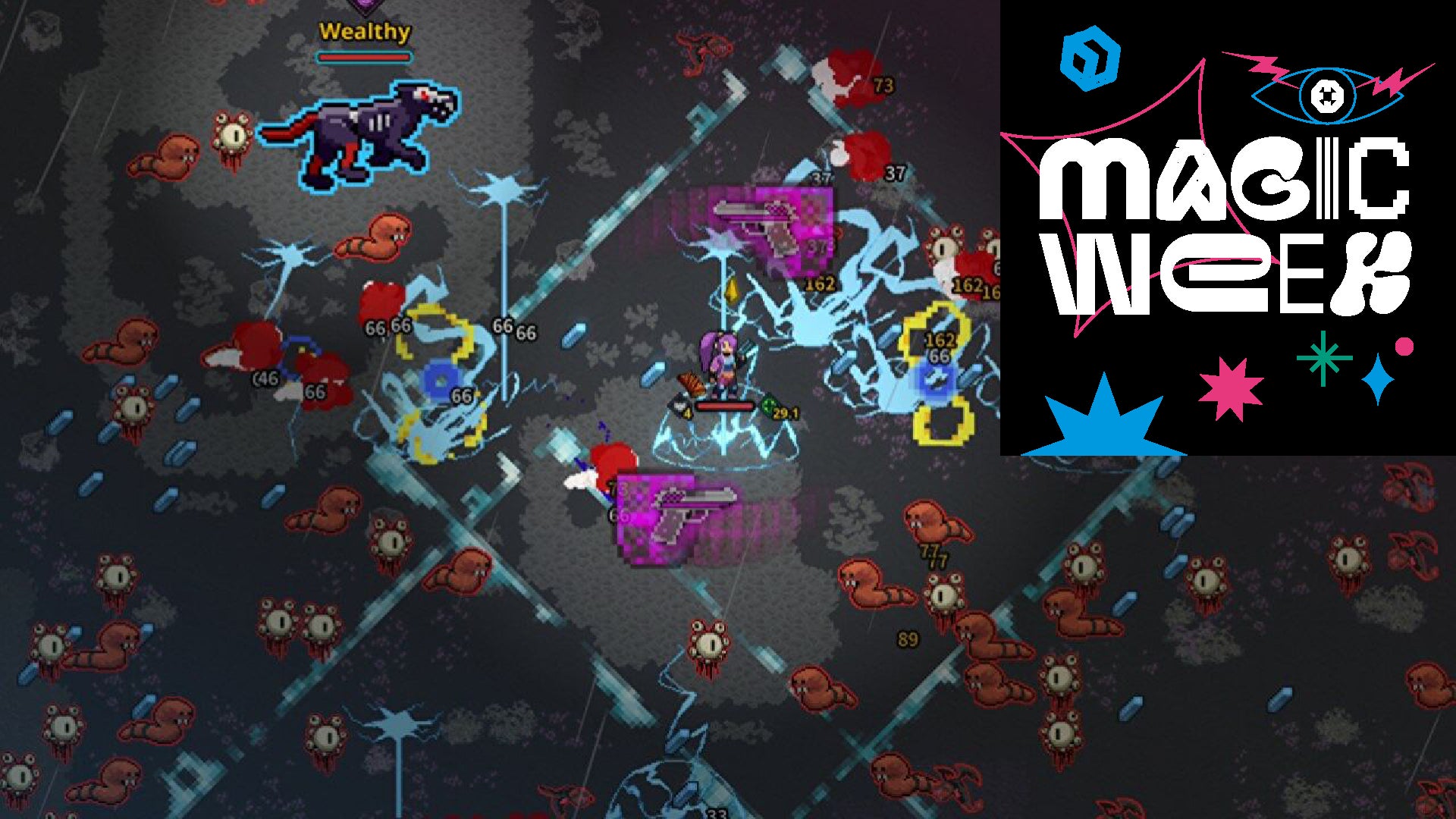 A chaotic battle scene in reverse bullet hell magic game Spellbook Demonslayers, with the RPS Magic Week logo overlaid in the top right corner