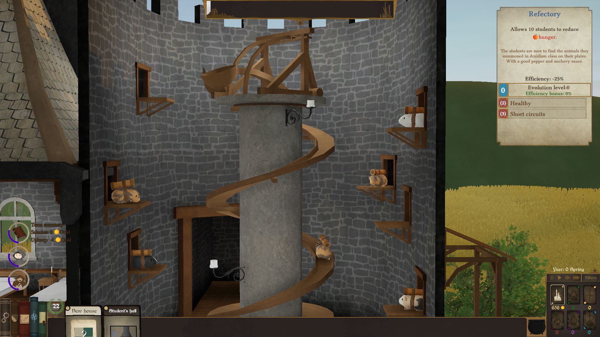 A side on view of the pig tower in Spellcaster University, a tower housing many guinea pigs which carry messages by being catapulted from the top of the tower