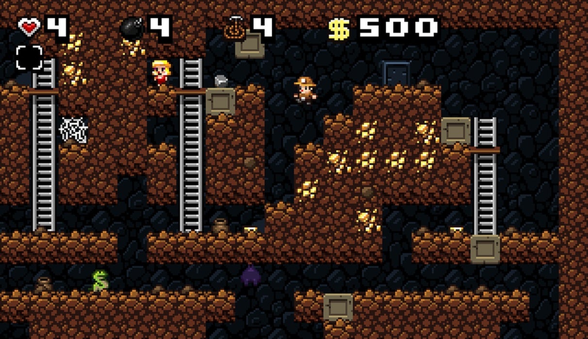 A screenshot of Spelunky Classic, showing the first Mines world, with Spelunky guy jumping in the direction of a 
