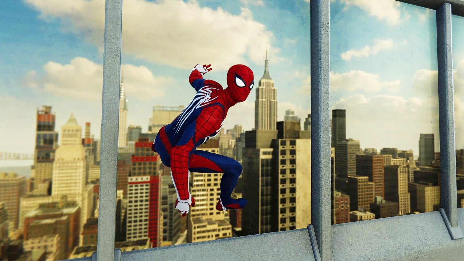 Spider-Man clings to a reflective window and looks out over New York City in Marvel's Spider-Man Remastered