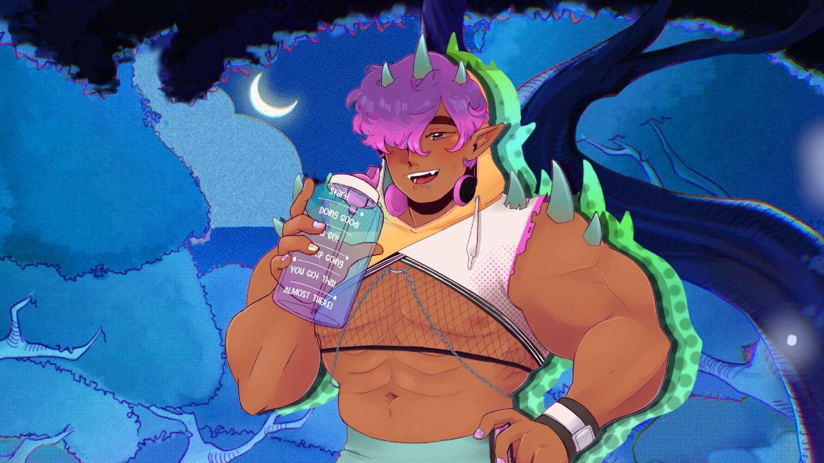 Iskandar, a kind of juiced bodybuider with purple hair and lizardy looking green horns on their shoulder and head, with purple hair, drinking from one of those huge water bottles with levels marked with encouraging statements, a character in Spirit Swap