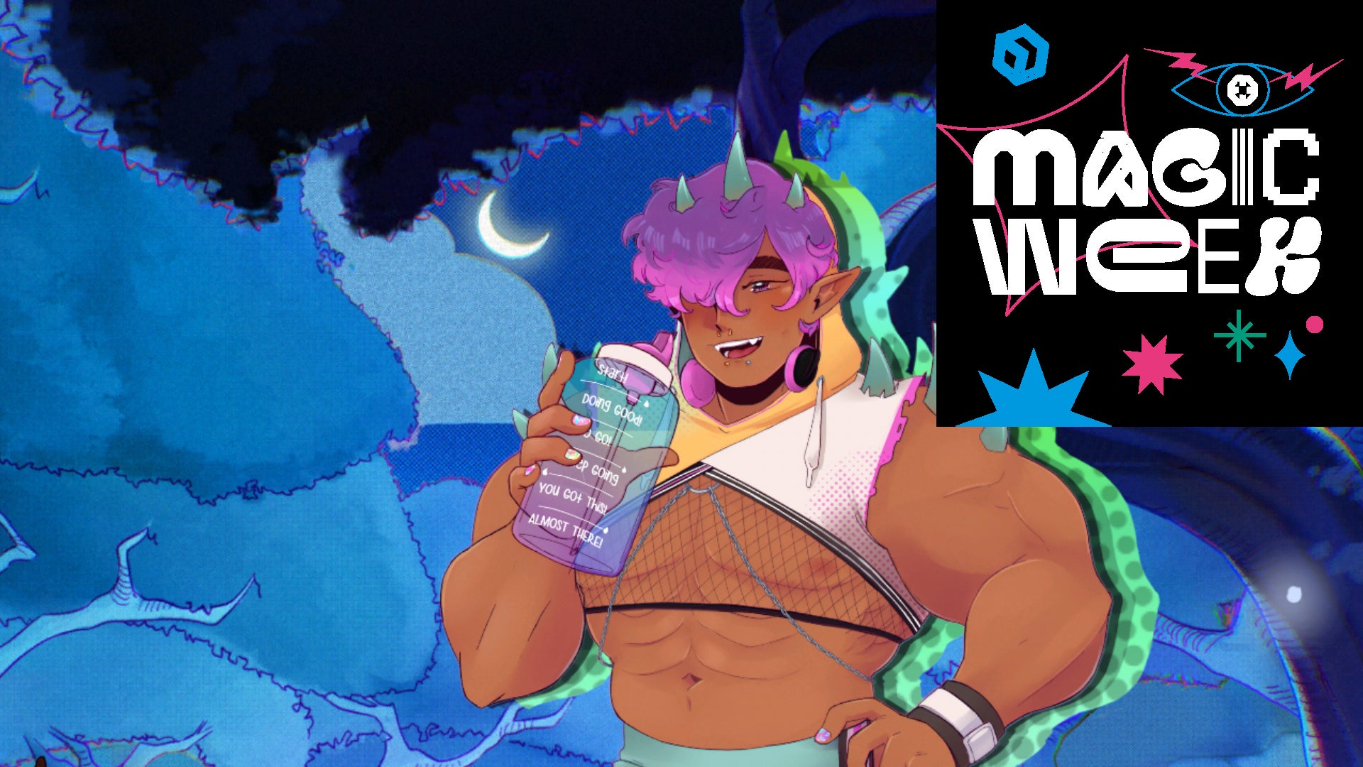 Iskandar, a kind of juiced bodybuider with purple hair and lizardy looking green horns on their shoulder and head, with purple hair, drinking from one of those huge water bottles with levels marked with encouraging statements, a character in Spirit Swap. a black square logo reading MAGIC WEEK is in the top right corner