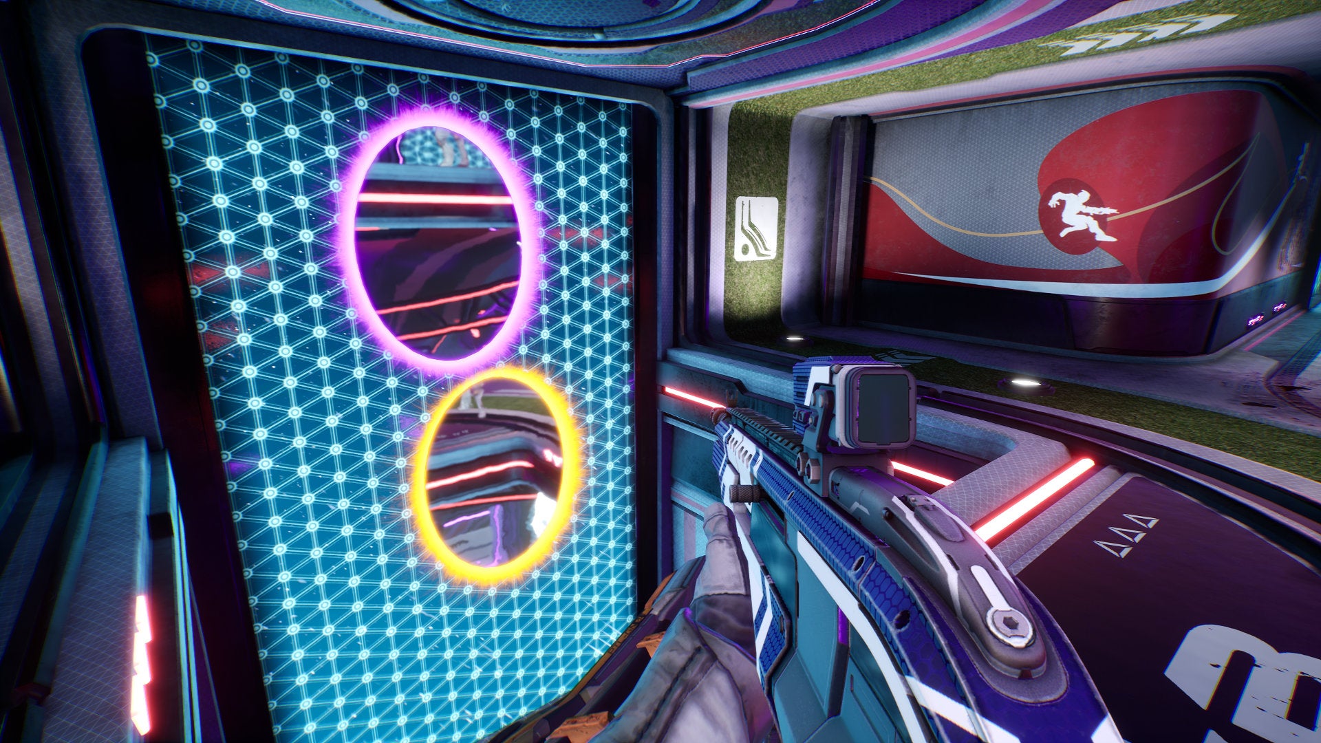 A player in Splitgate using two portals to block a wall from enemy portal placements.