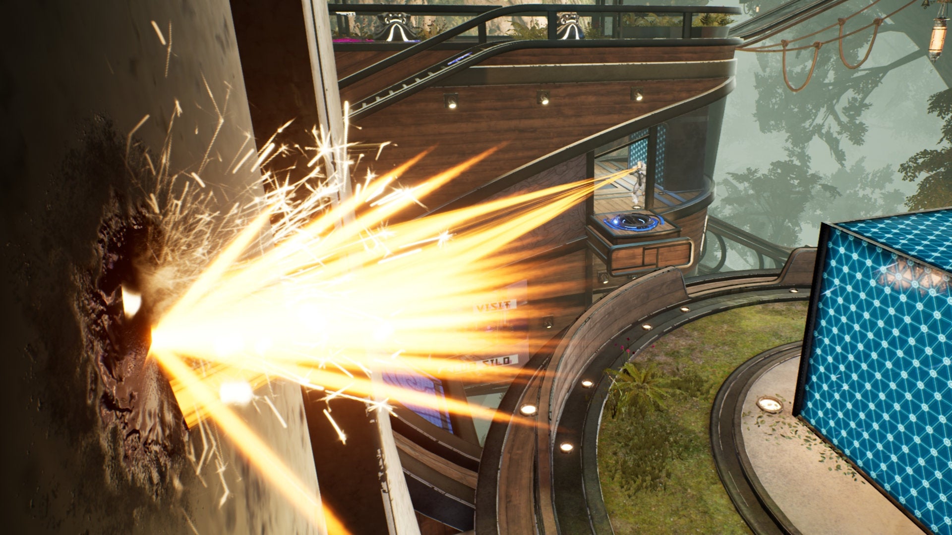 A player shoots a wall near the camera in Splitgate.