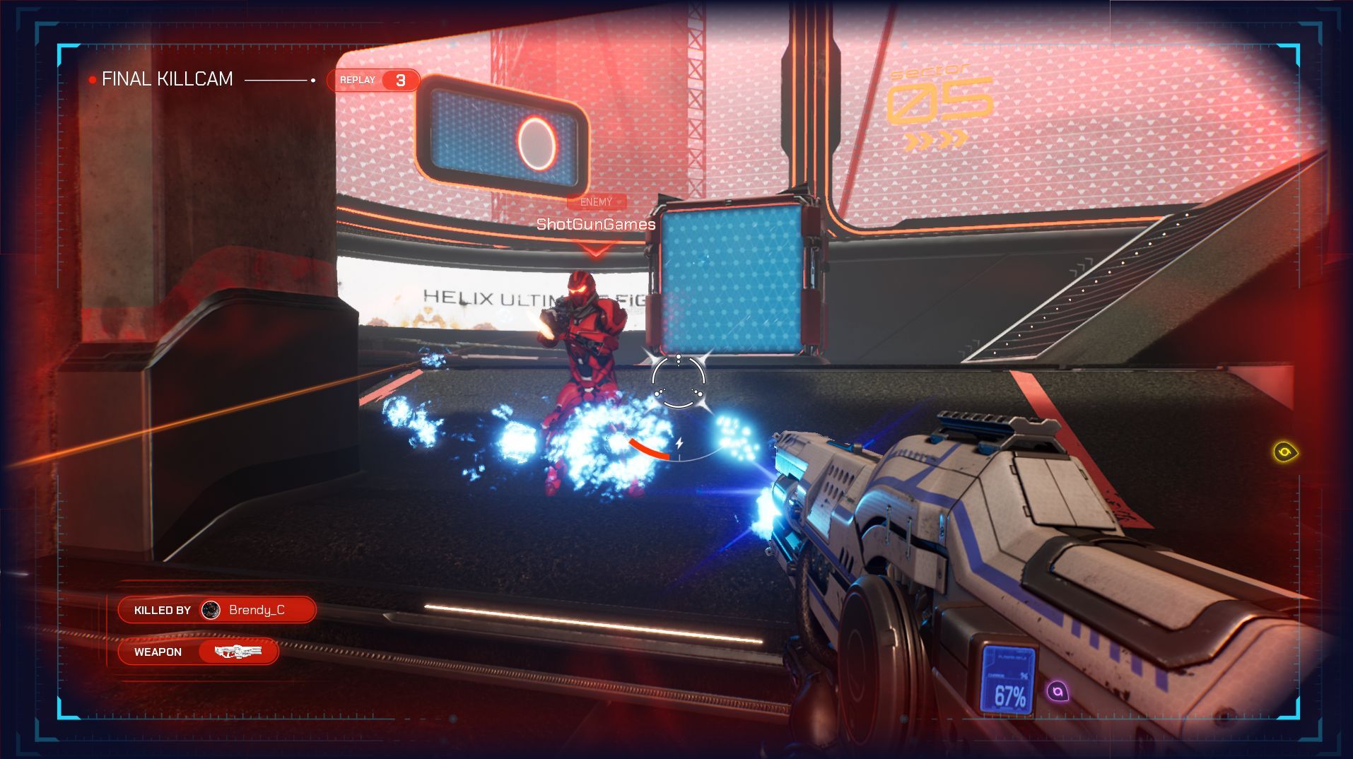 The player fires their gun at another competitor in Splitgate