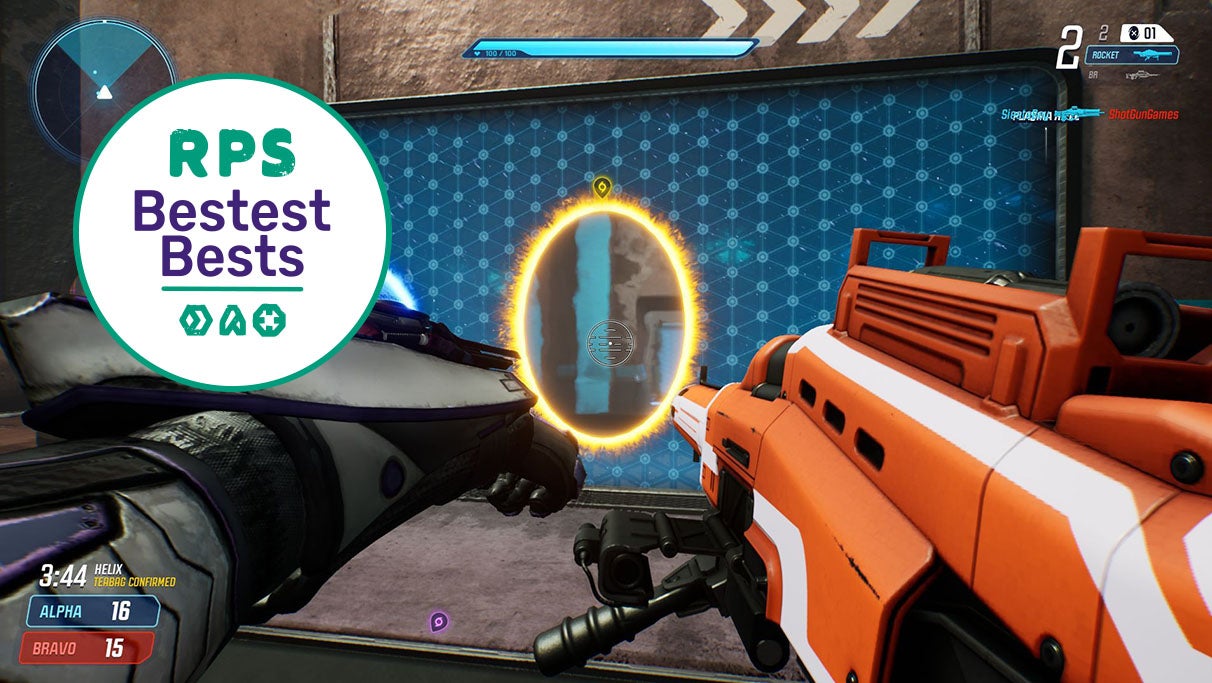 The player fires a portal in Splitgate, with the RPS Bestest Best logo in the corner