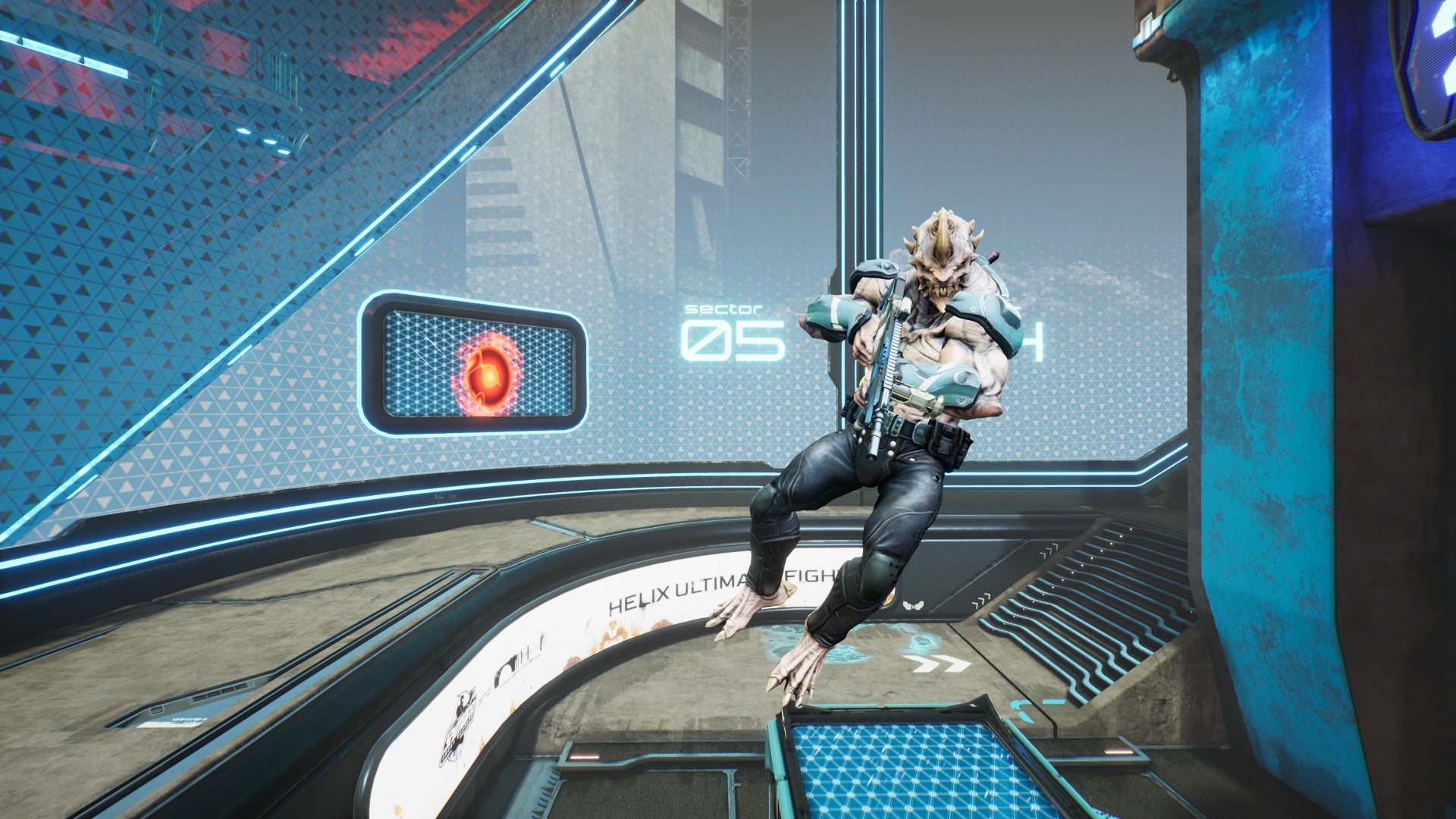 A screenshot of Splitgate season 0 showing a gnarly-looking monster with a machinegun in an arena environment.