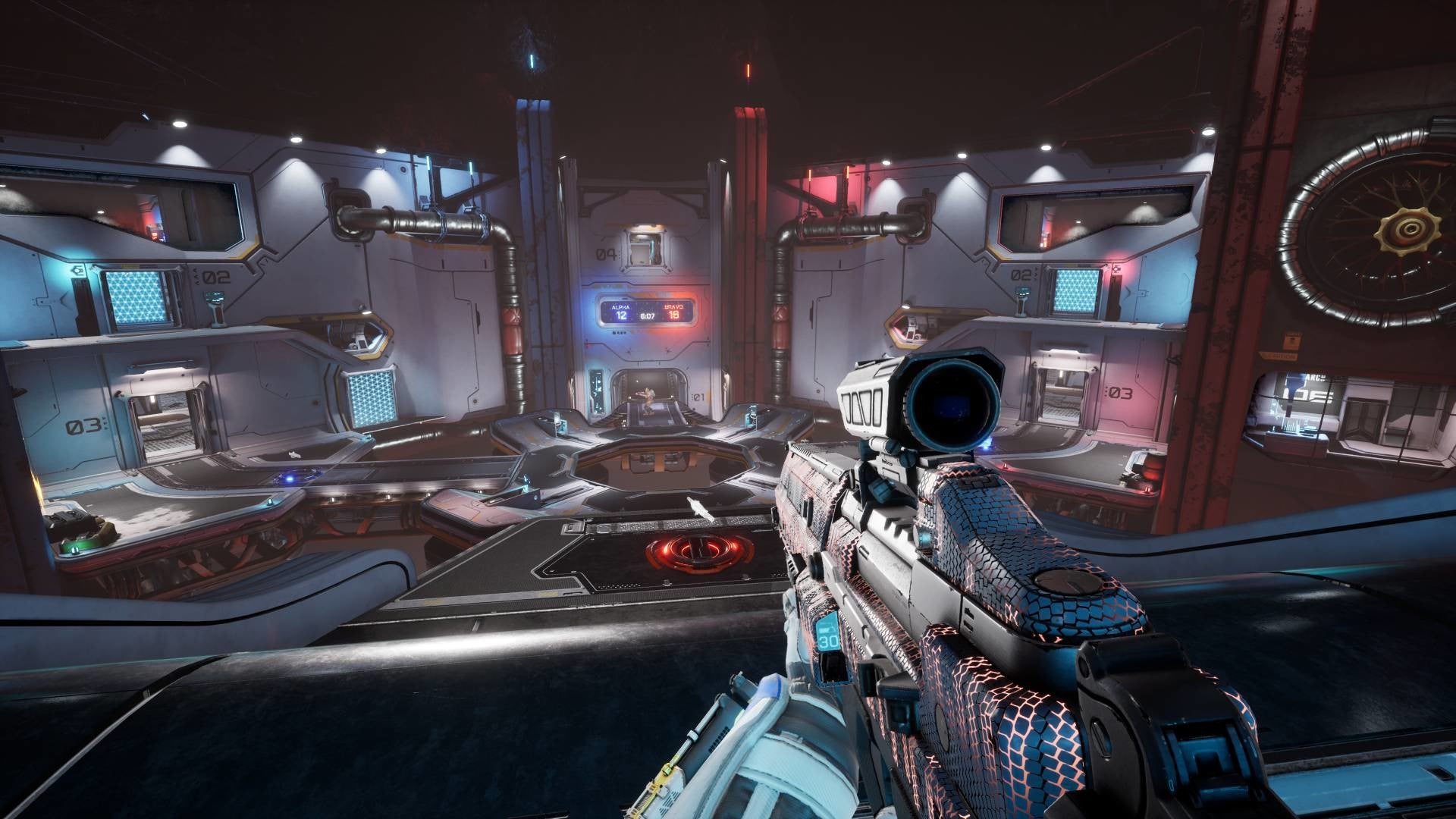 Splitgate - First person perspective player holds a sci-fi rifle while looking at a blue and reddish arena with two portals on a far wall.