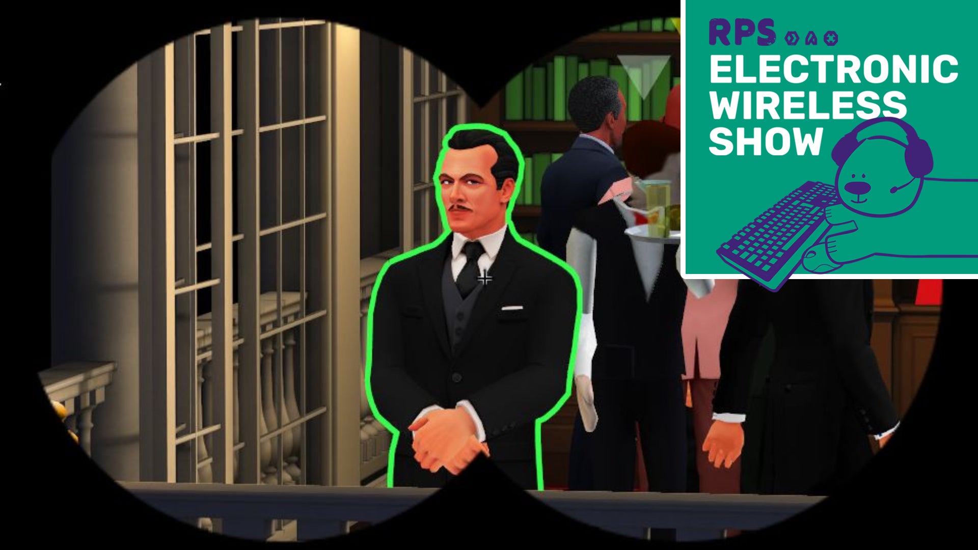 A character in Spy Party - a dapper man in black tie with a thin moustache - stands at a window. He is seen through the binoculars of the sniper outside.