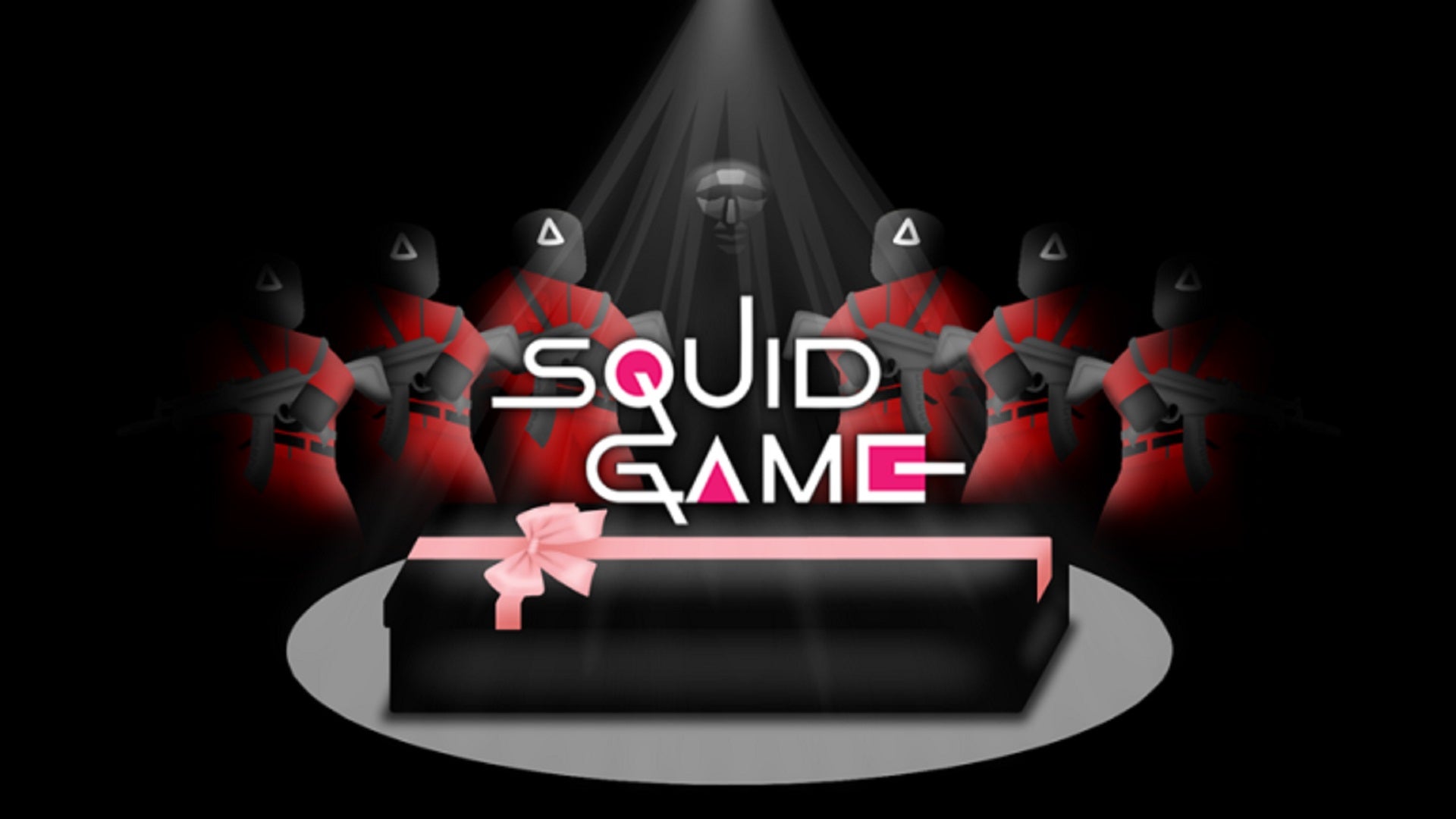 Six Roblox characters dressed as Squid Game guards flank a character dressed as the gamemaster. In the foreground is a coffin wrapped up like a gift box.