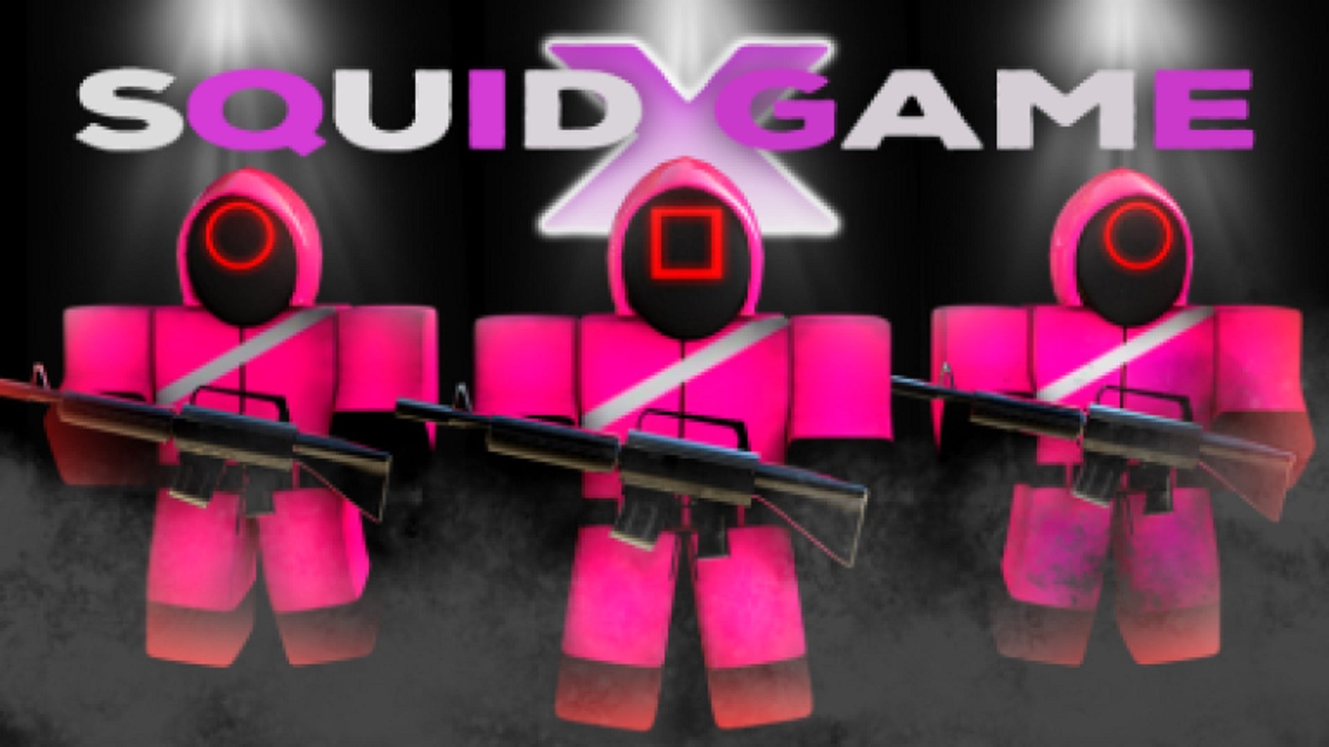Three Roblox characters in Squid Game guard costumes. Text in image reads "Squid Game X".