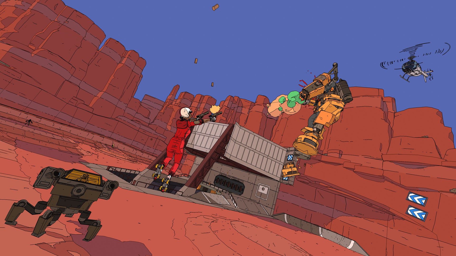 The player character in Rollerdrome flies into the air, shooting a robotic enemy opposite them