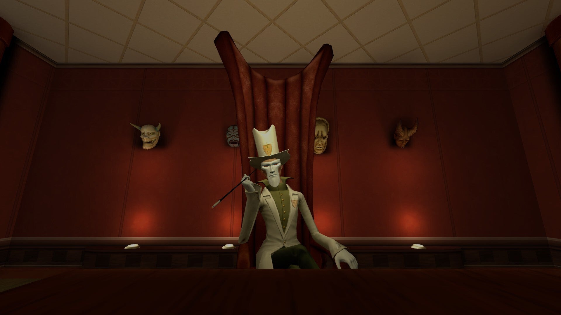 A masked man sits in a very tall chair in a red wallpapered room in The Ship