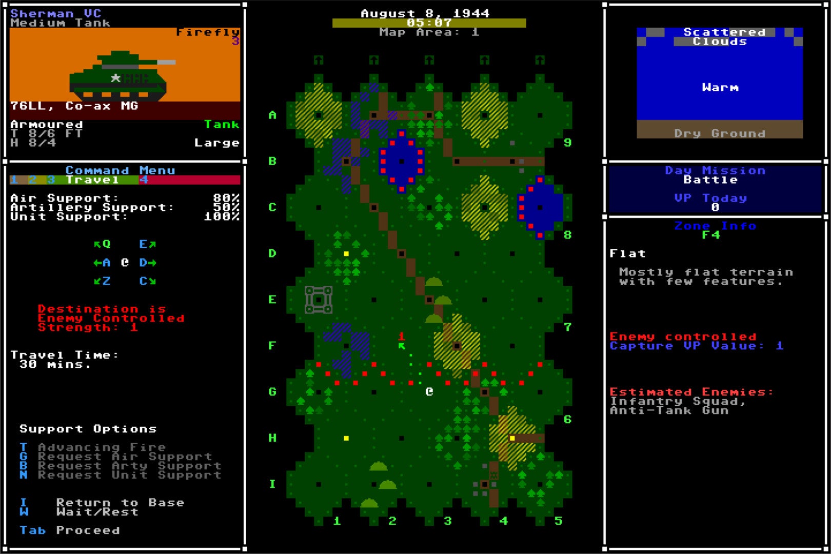 A screenshot of the ASCII interface for Armoured Commander 2, showing a battlefield from above and a lot of texty UI.