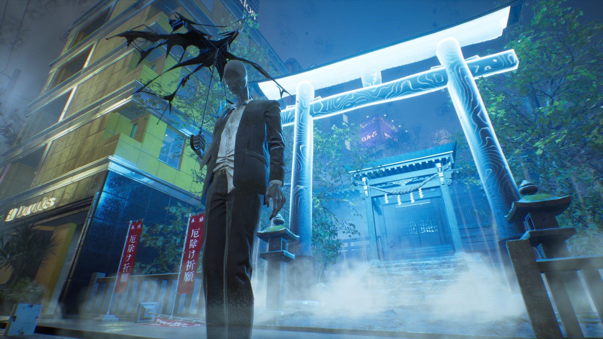 In Ghostwire Tokyo, an umbrella-wielding visitor guards a corrupt shrine.