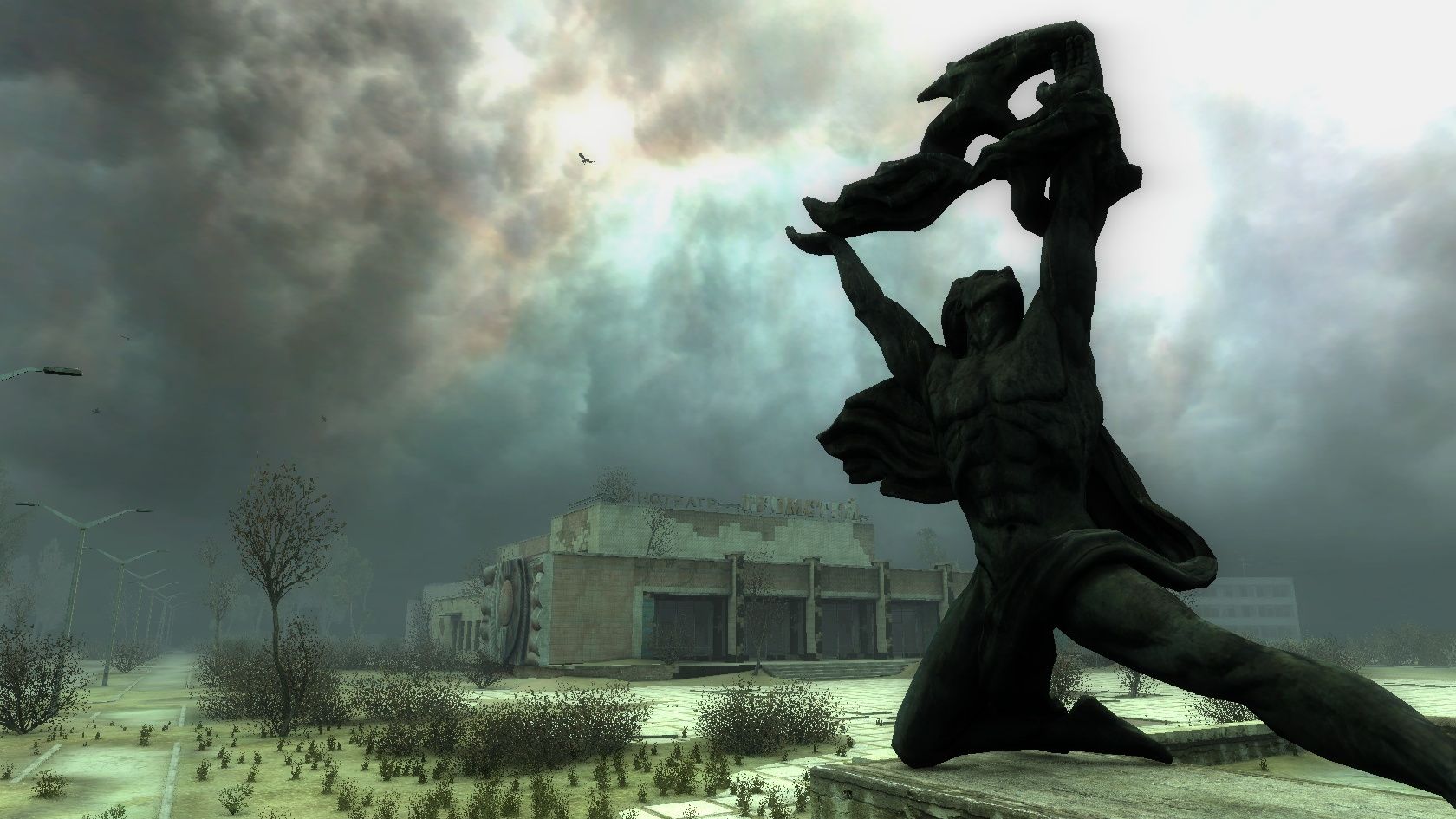 The landscape of STALKER, a statue of a man holding up a flaming torch in the foreground, a crumbling building in the background, and strange blue light in the cloudy skies