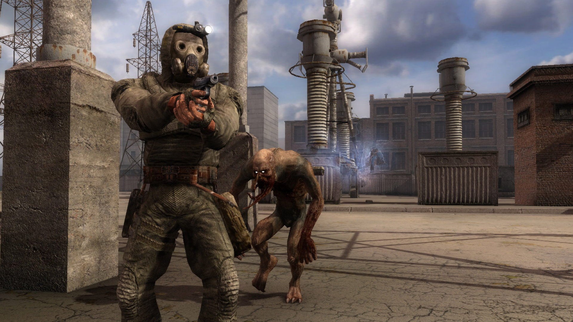 A monster creeps up behind a masked soldier in STALKER: Call of Pripyat