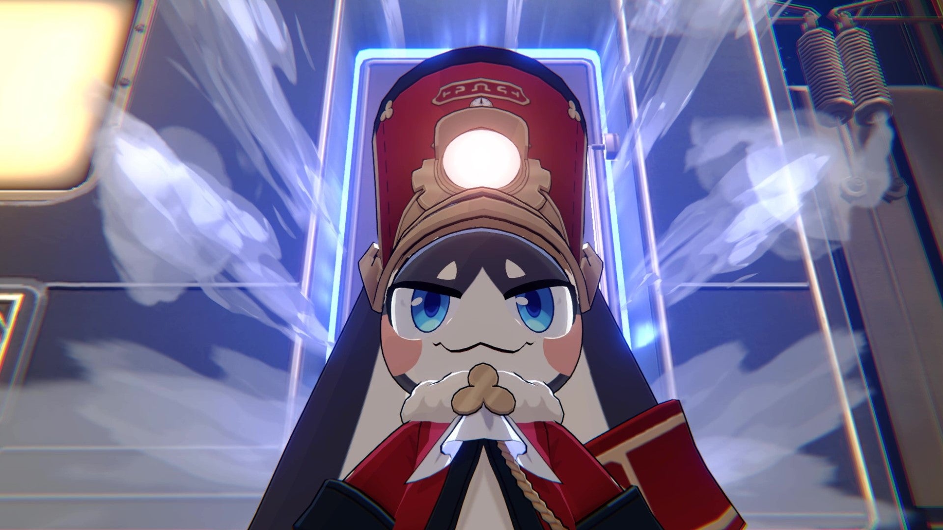Pom-Pom, a cutesy rabbit-like train conductor stands in front of a train door that's about to burst open in Honkai: Star Rail.