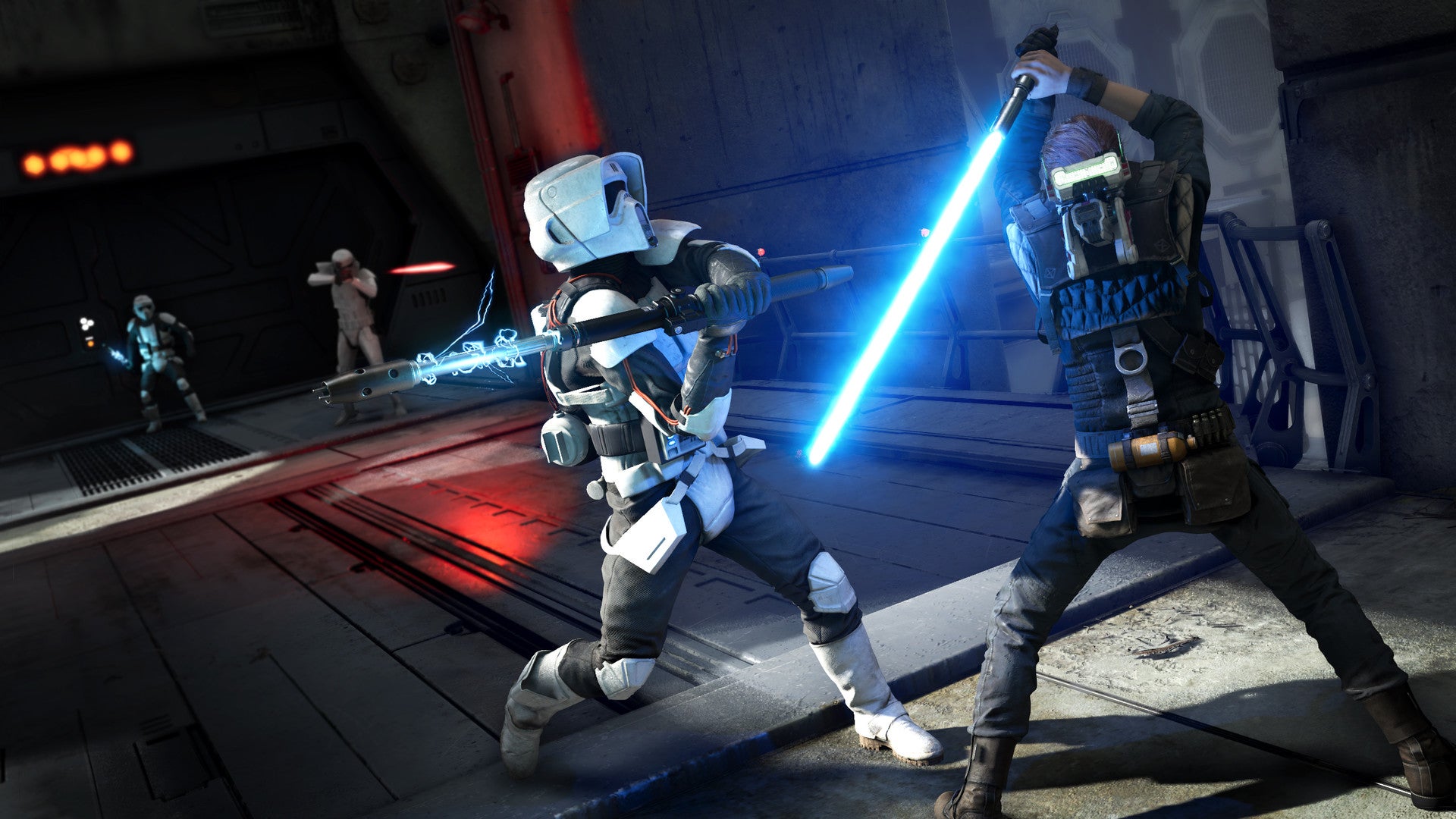 Cal Kestis from Star Wars: Jedi Fallen Order in a fight with a Stormtrooper; the trooper is armed with a baton charged with electricity