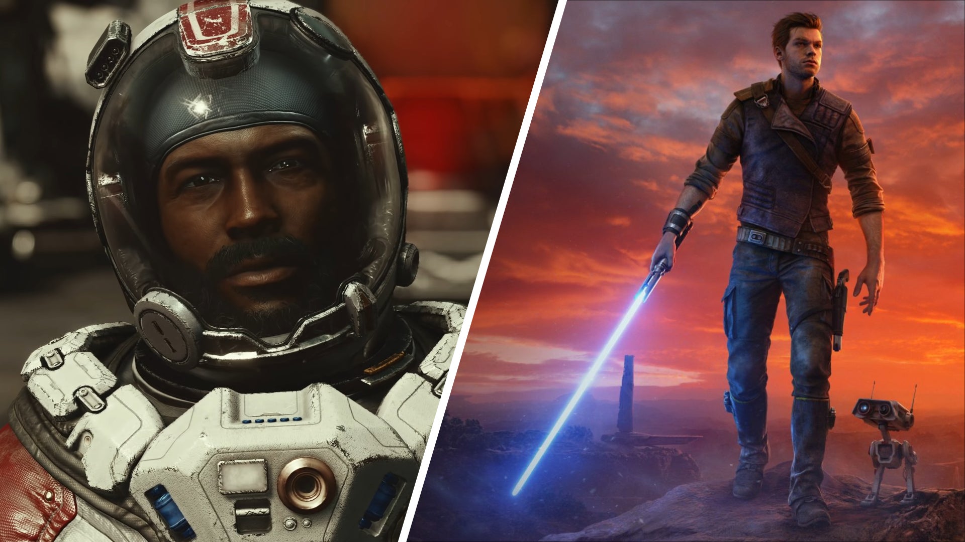 Left: a Starfield NPC wearing a helmet looks into the camera. Right: Cal Kestis ignites his lightsaber in Star Wars Jedi: Survivor.