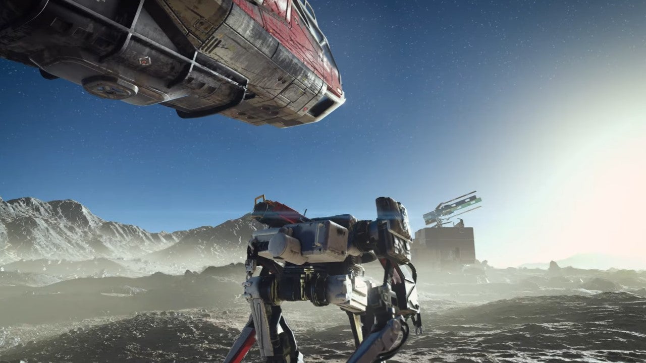 A robot wanders next to a spaceship on a dusty planet in the Starfield trailer.