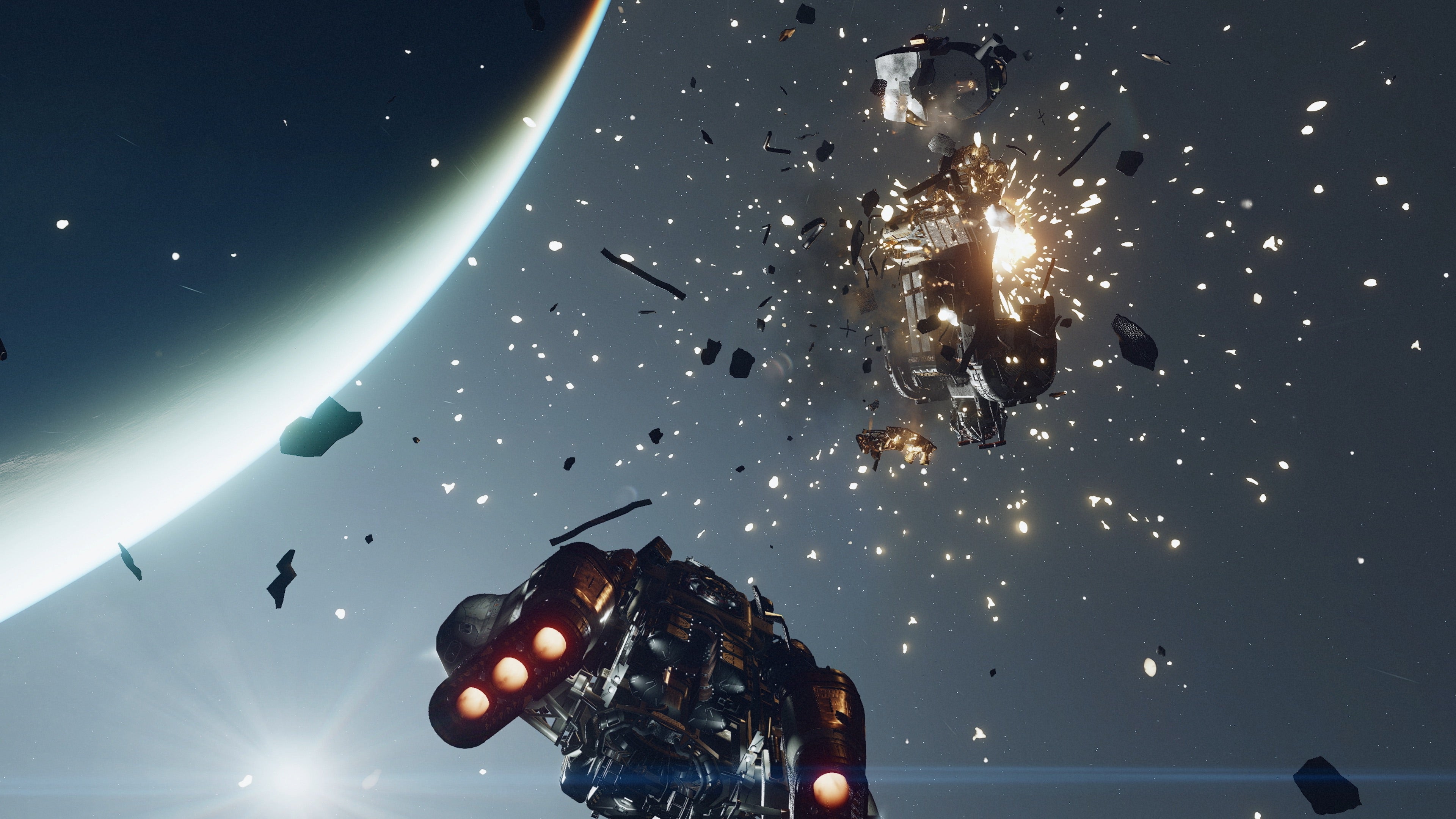 Destroying a spaceship in combat in a Starfield screenshot.