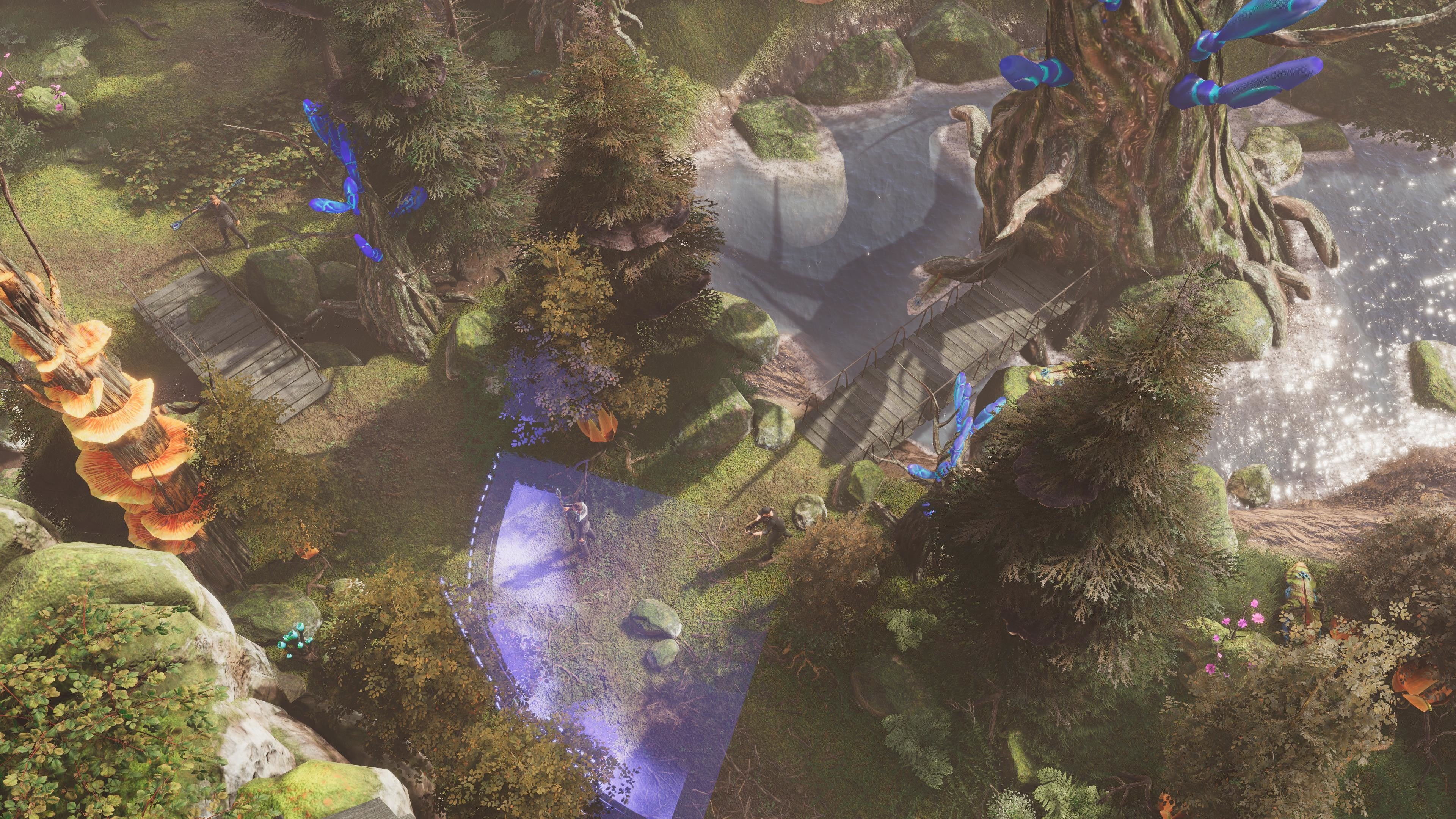 A screenshot of Stargate: Timekeepers showing some small men and some view cones in a field.