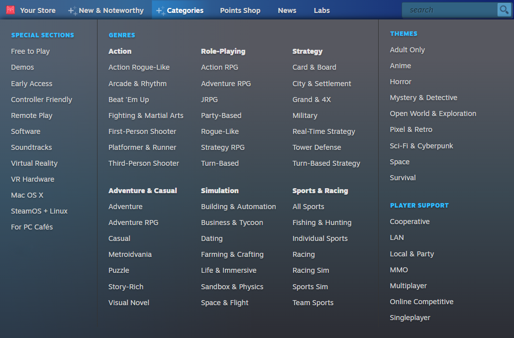 A screenshot of categories in a menu on Steam.