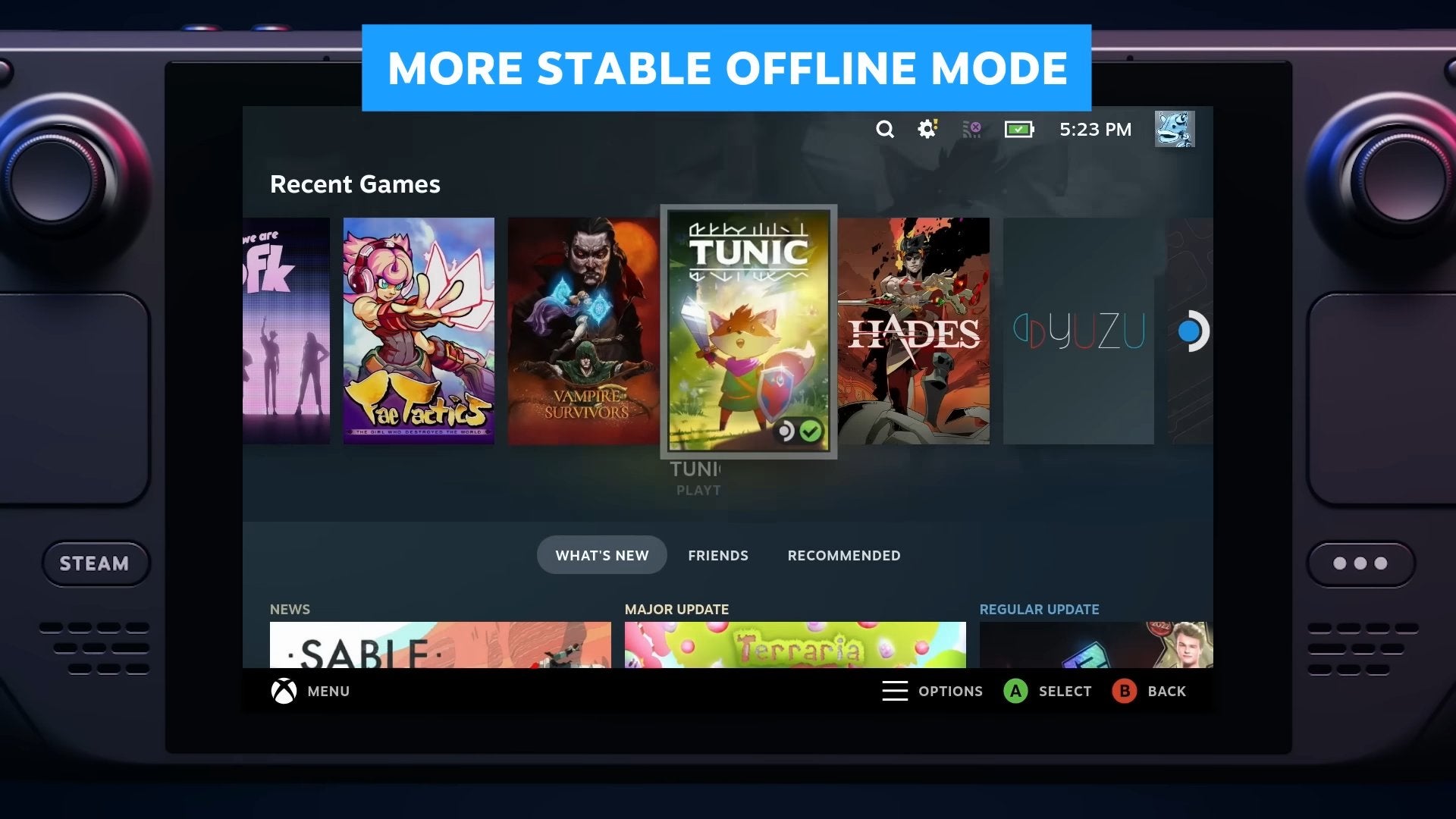A screenshot from a Steam Deck trailer showing a game library with the Yuzu Nintendo Switch emulator icon visible.