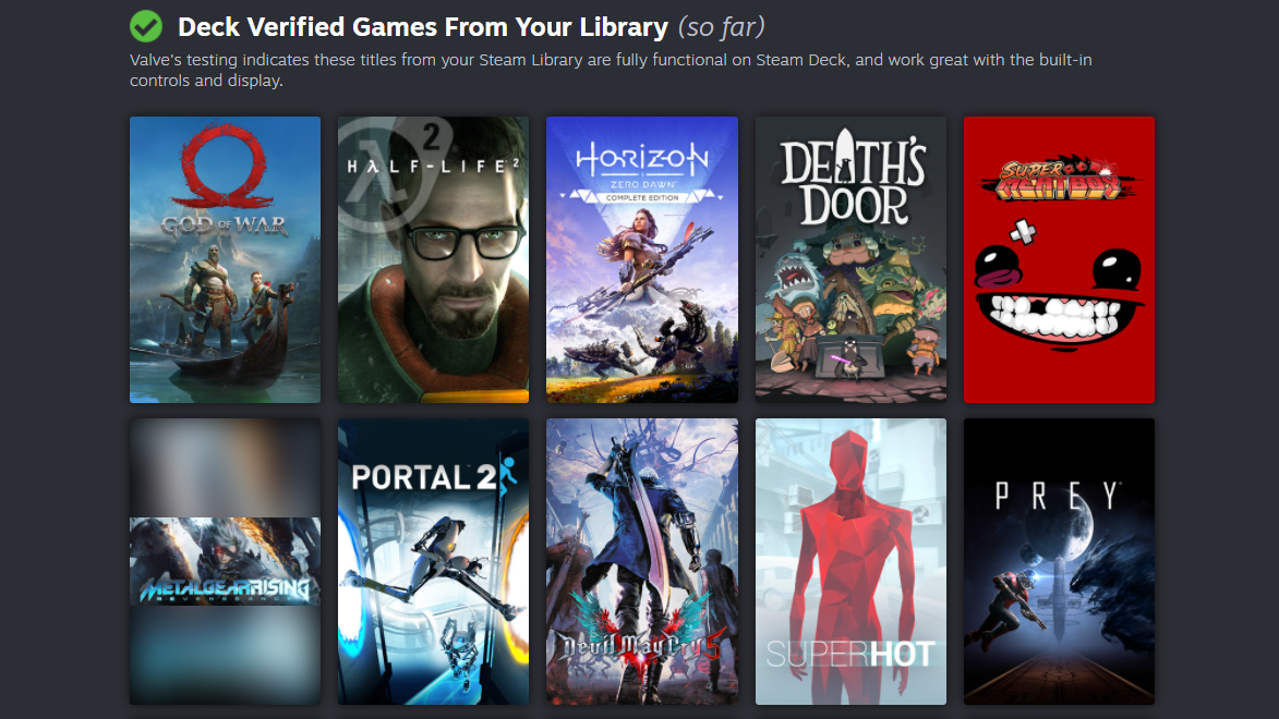 A screenshot of Valve's Steam Deck compatibility checker, showing the 'Verified' games in the user's Steam library.