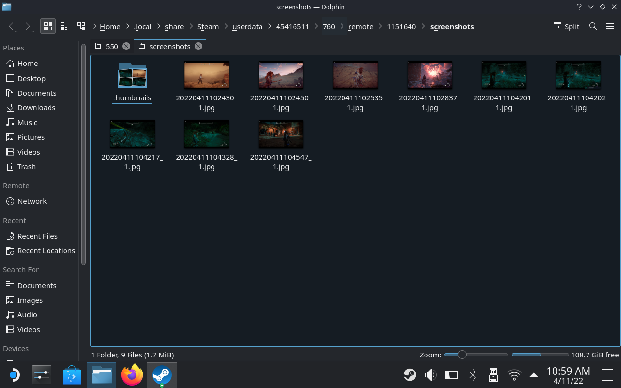 A SteamOS screenshot showing the save folder location for Steam screenshots.