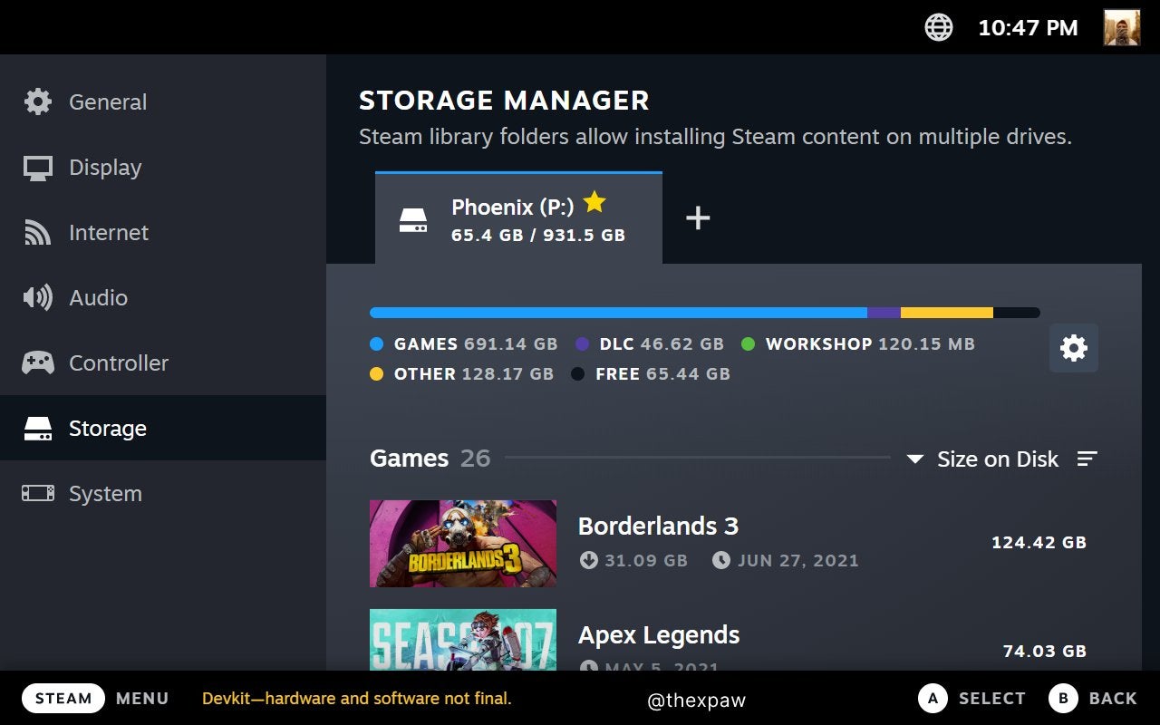 An alleged screenshot of the Steam Deck UI, showing a breakdown of Steam's device storage usage.