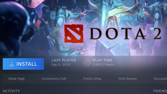 An enlarged view of the Steam library page for Dota 2.
