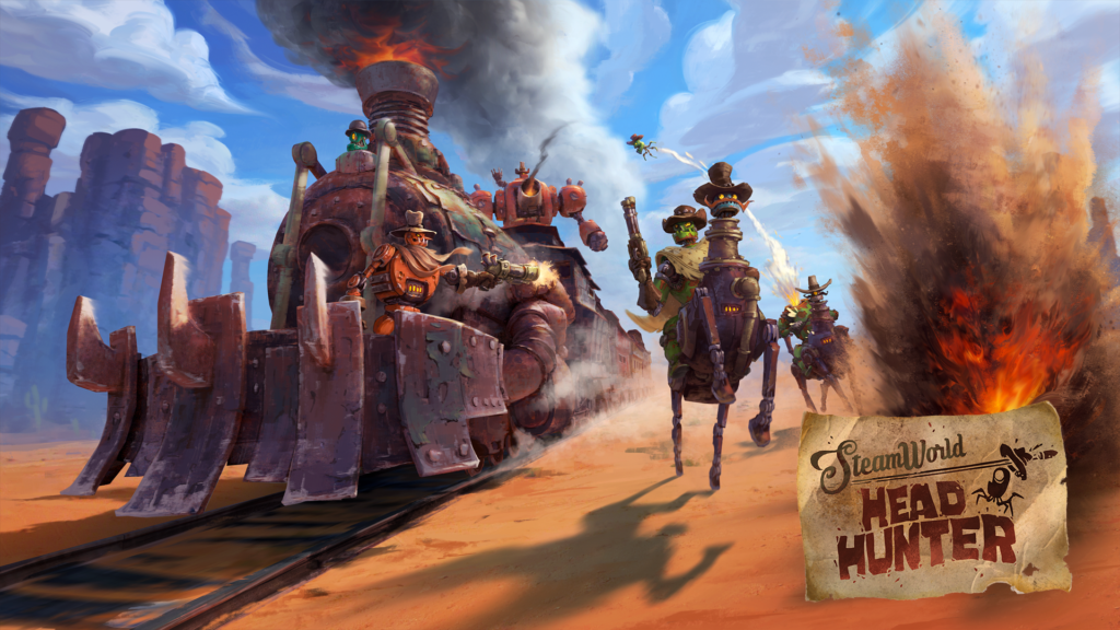 The key art for SteamWorld Headhunter, showing an old west scene with muscle train, robot horse, robot rider, lots of robots.