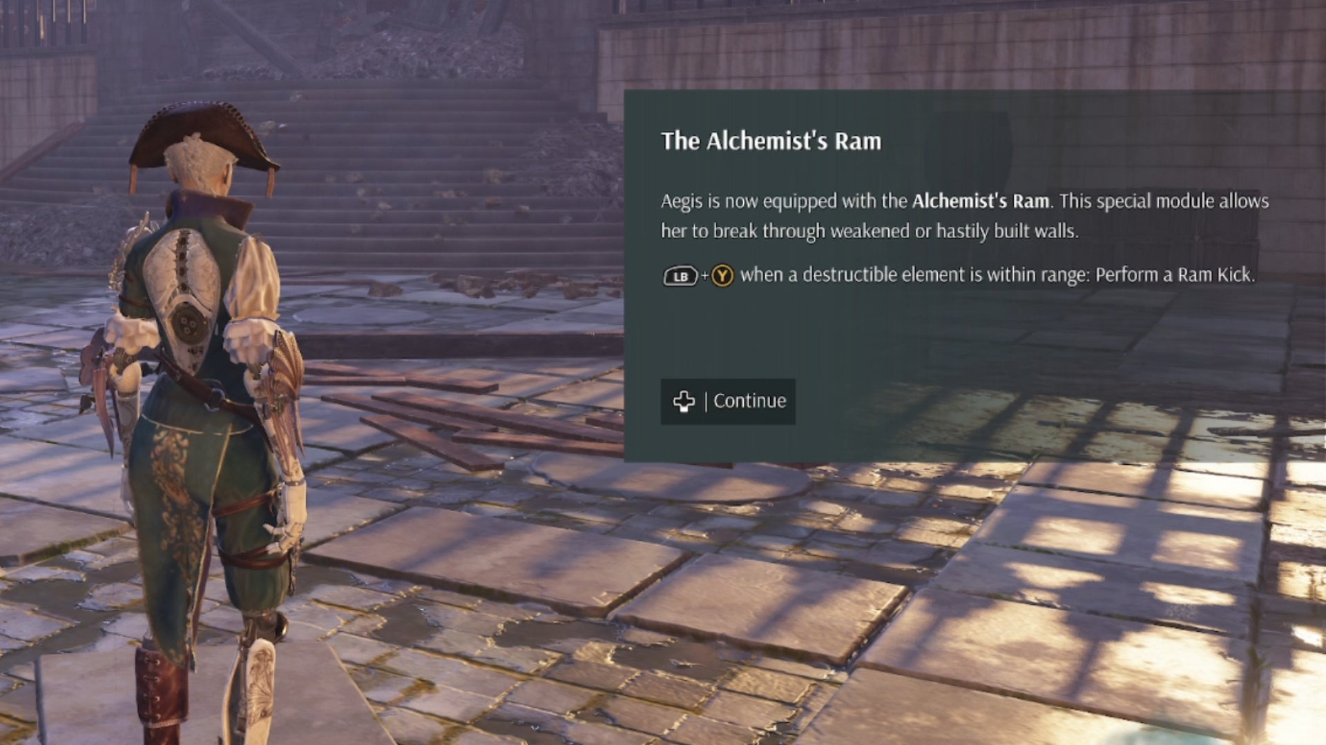 Some in-game text in Steelrising which explains the purpose of the Alchemist's Ram tool in opening secret passageways.