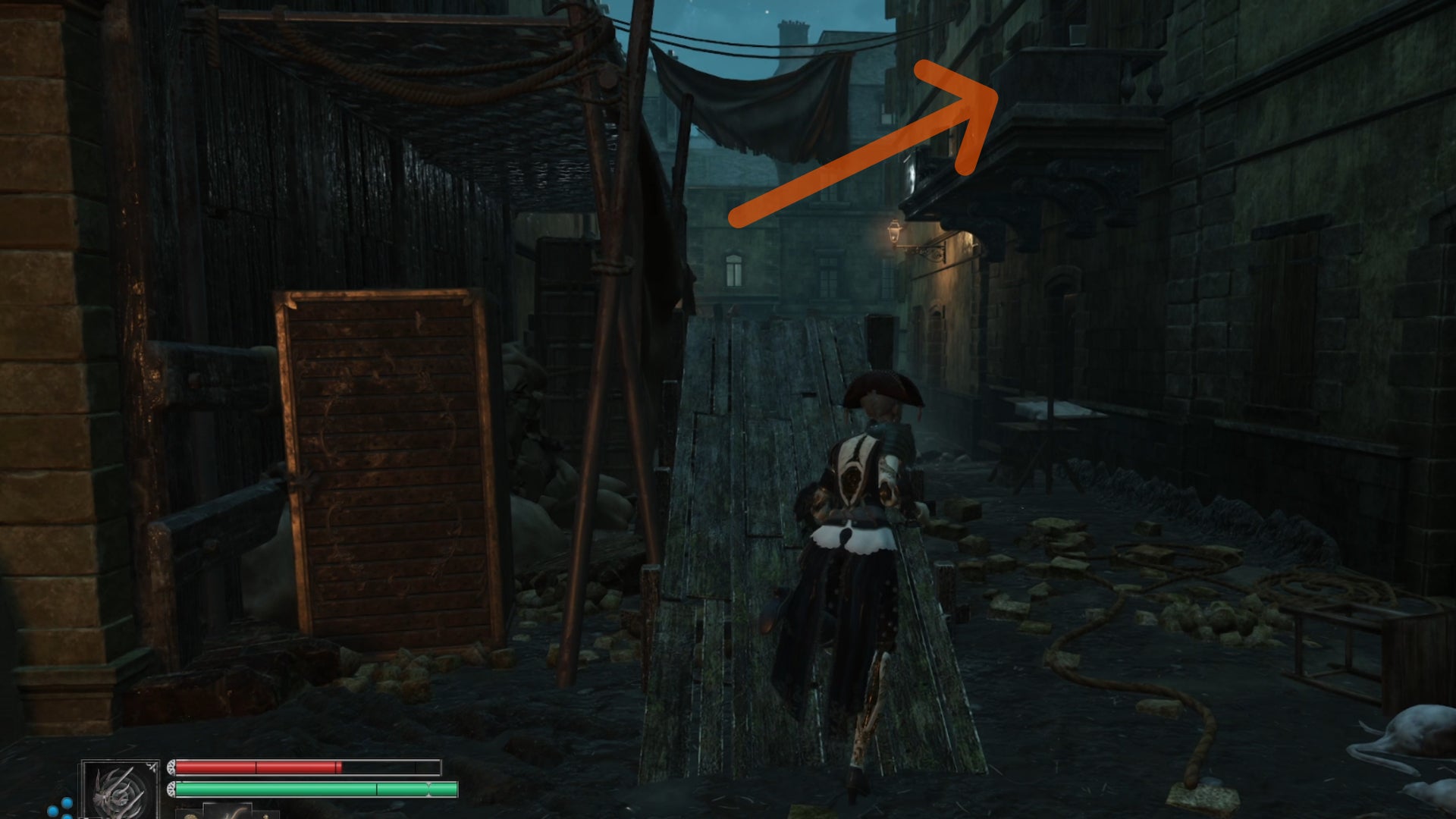 Aegis in Steelrising climbs a ramp in an alleyway.