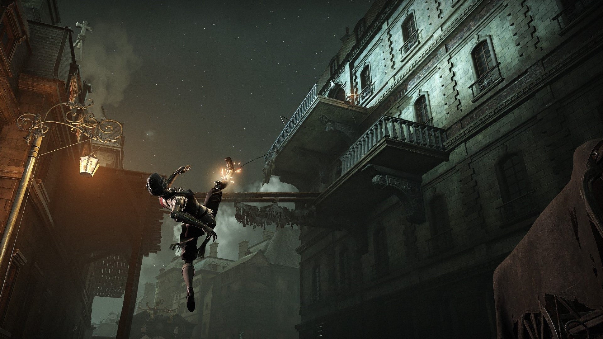 Aegis grapples up to a balcony in Steelrising.