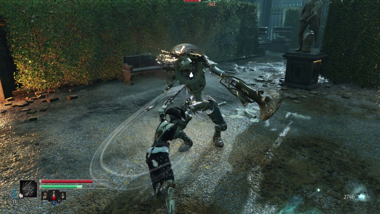 Aegis, el robot de Steelrising, ataca a un autómata construido para tocar la trompeta.