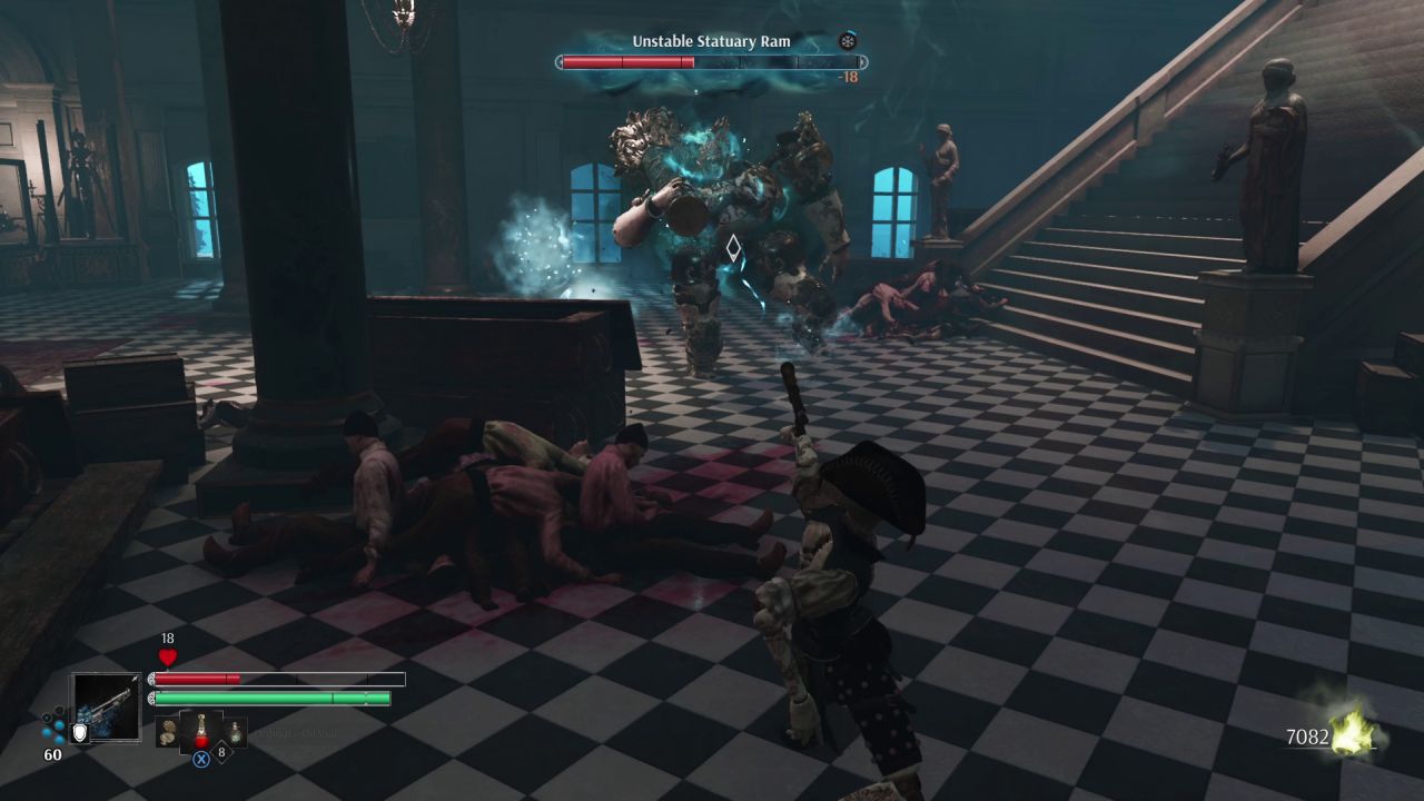 Aegis in Steelrising shoots at a boss enemy, an 'unstable statuary ram, inside the Louvre palace