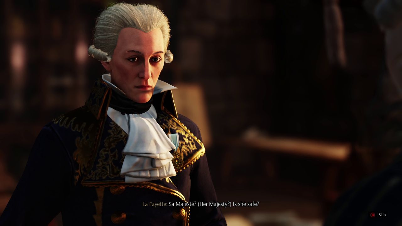 Lafayette in Steelrising, saying "Sa Majeste! Is she safe?" much like a native French speaker would