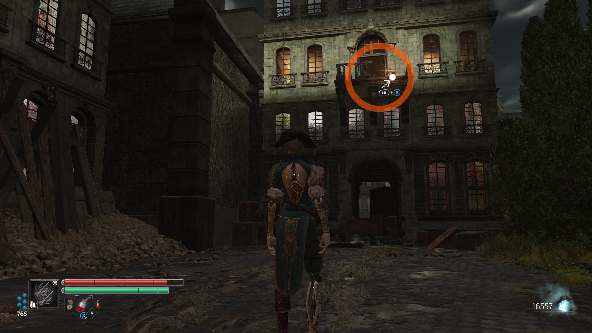Aegis in Steelrising spots a grapple point on the first floor of the building in front of her.