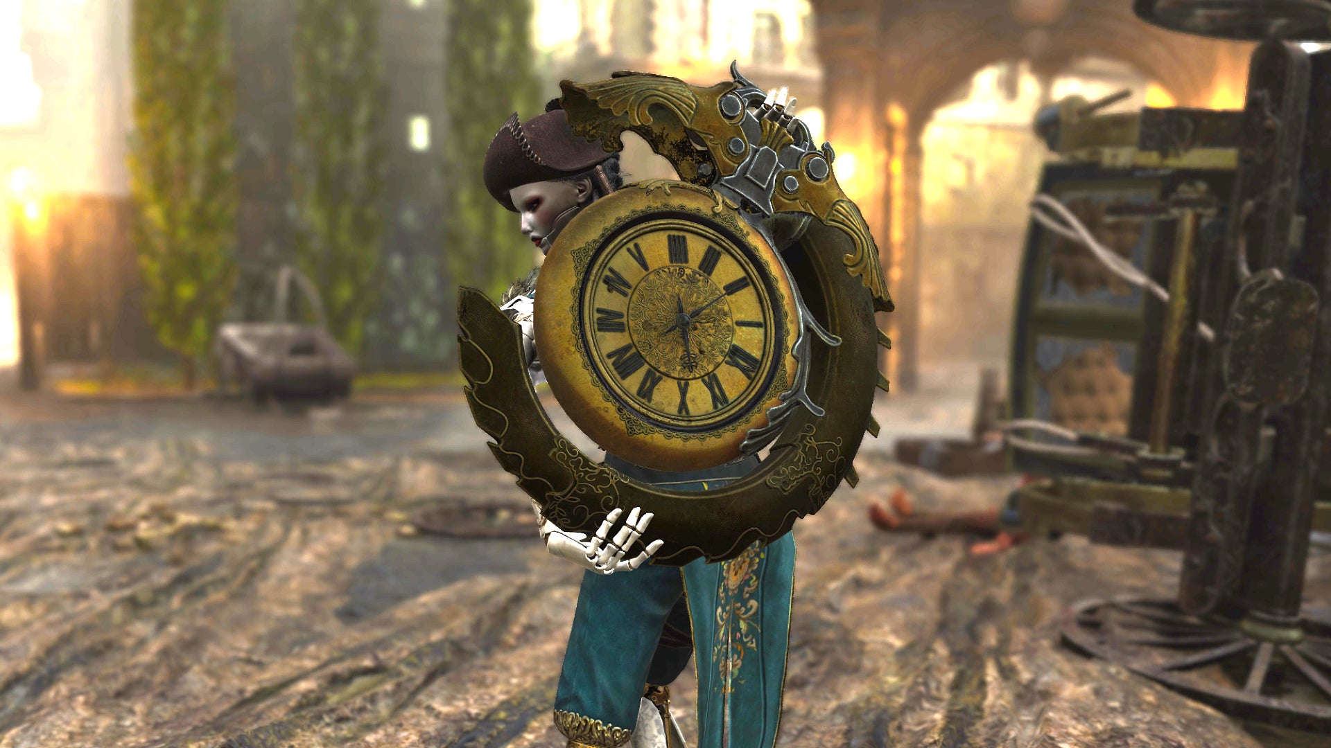 Aegis in Steelrising stands in a road wielding the Wheel Of Vengeance weapon.