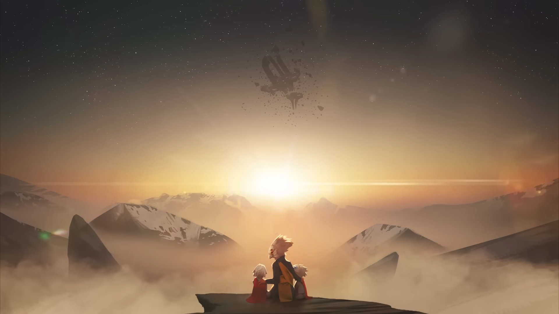 A still from the First Contact release date announcement trailer, showing a mother bird alien and her two children looking over a mountainous valley