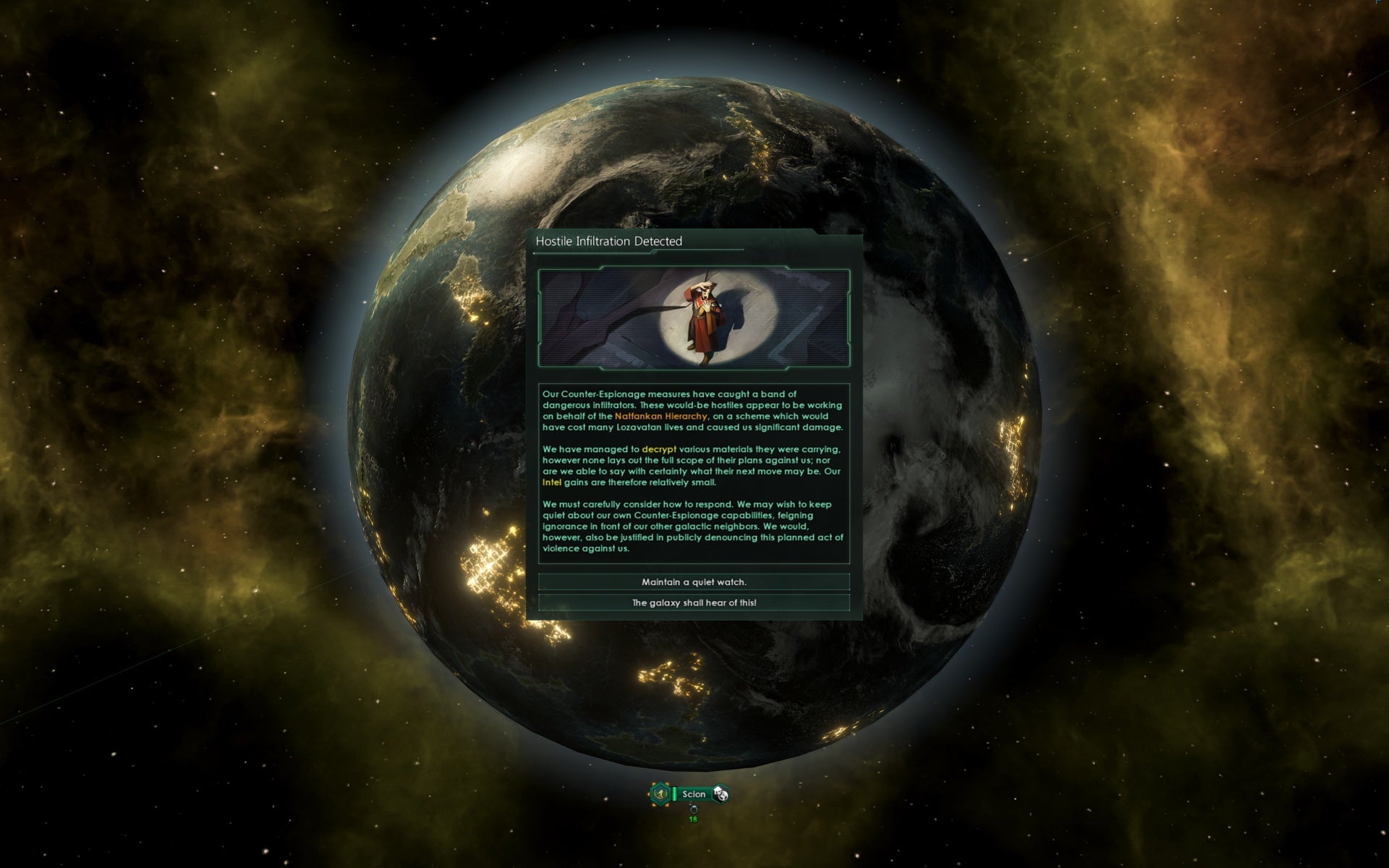 A screenshot of Stellaris Nemesis showing some text in a box over a picture of a planet. It's not very exciting, as images go.