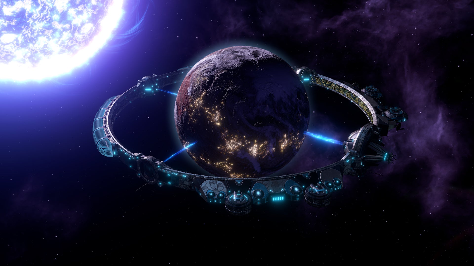 A screenshot of Stellaris's Overlord expansion showing a planet with an artificial ring around it.