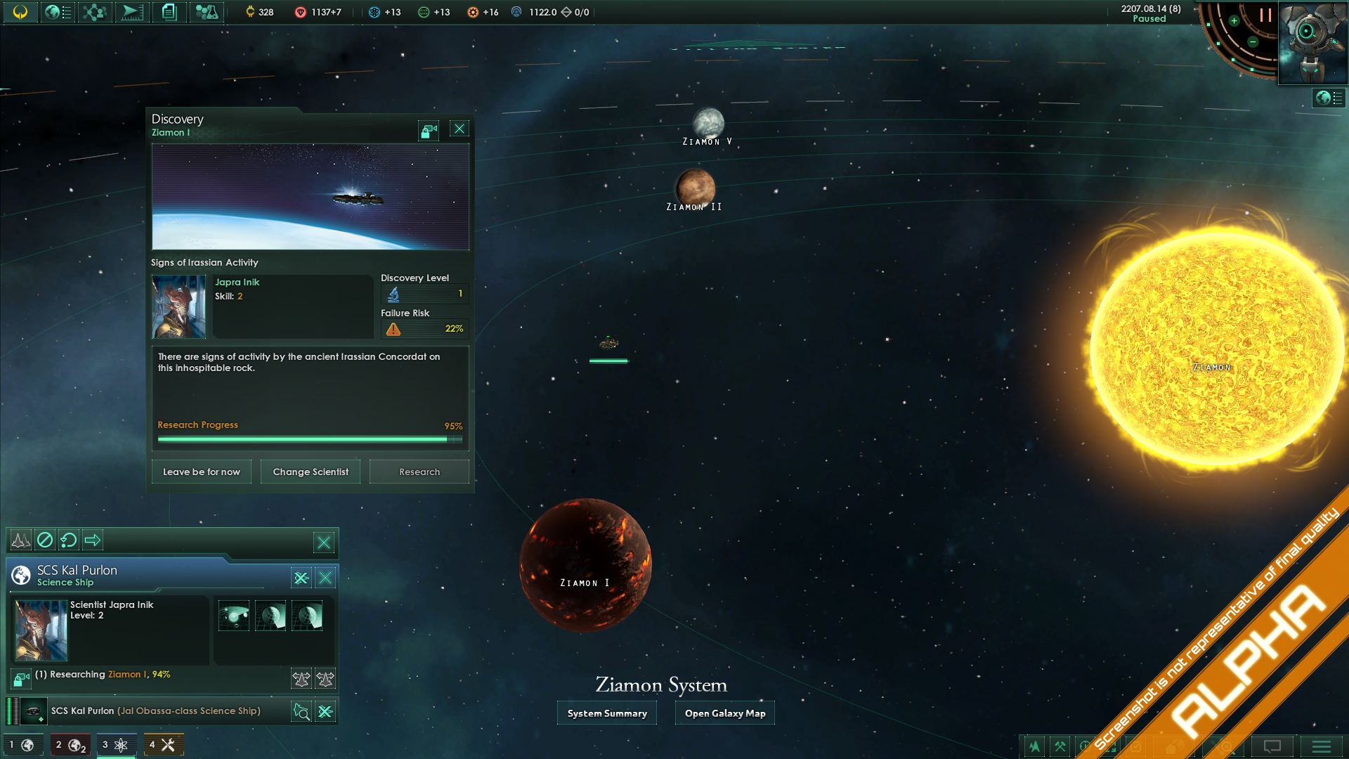 Une capture d'écran de Stellaris de 2015, montrant un système solaire et des écrans de menu du système Ziamon.